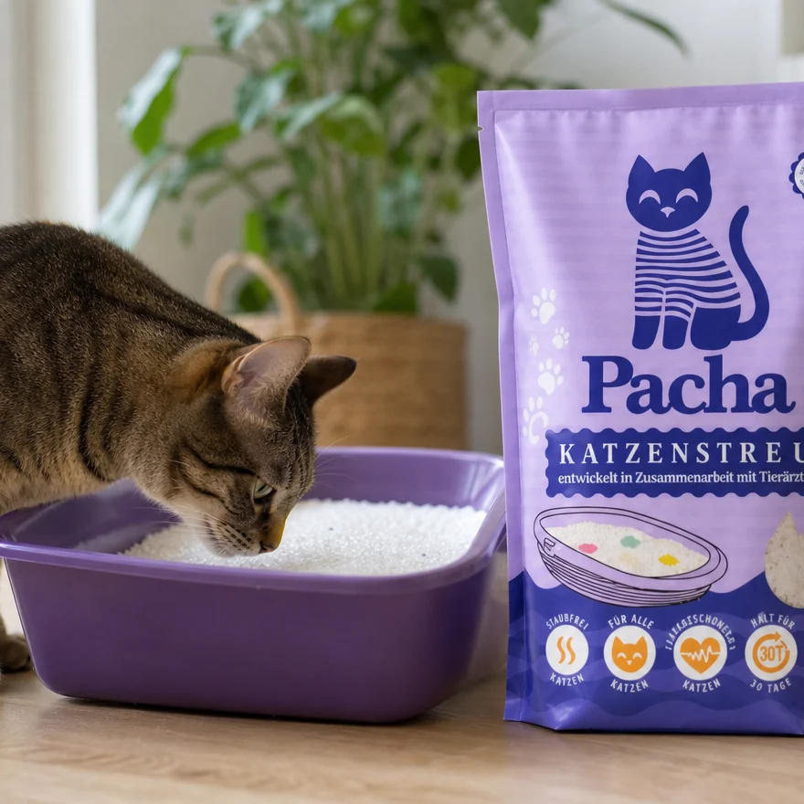 Eine Katze steigt in ihre mit Pacha-Streu gefüllte Katzentoilette, der Sack steht daneben