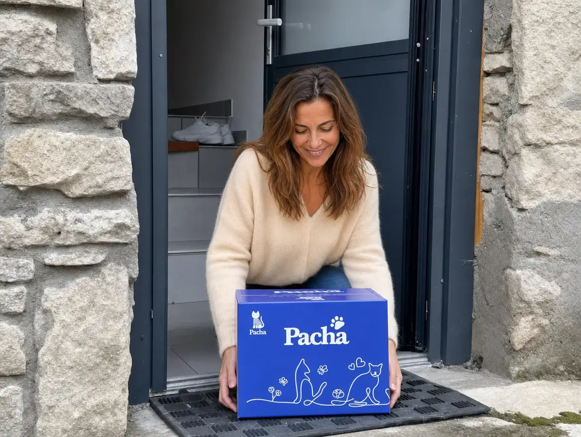 Pacha-Kundin nimmt ihr Pacha-Paket an der Haustür entgegen