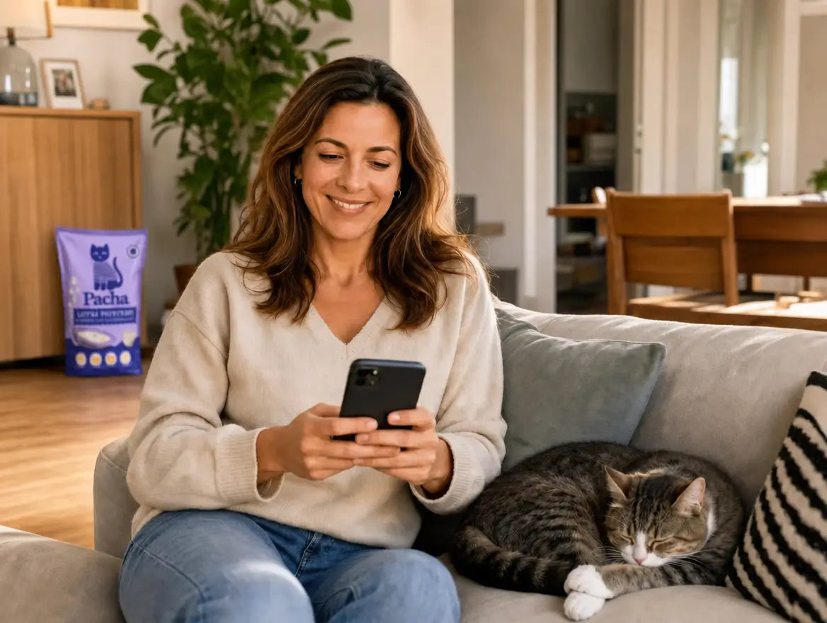 Entspannte Kundin auf dem Sofa, die auf ihr Smartphone schaut, eine Katze döst neben ihr